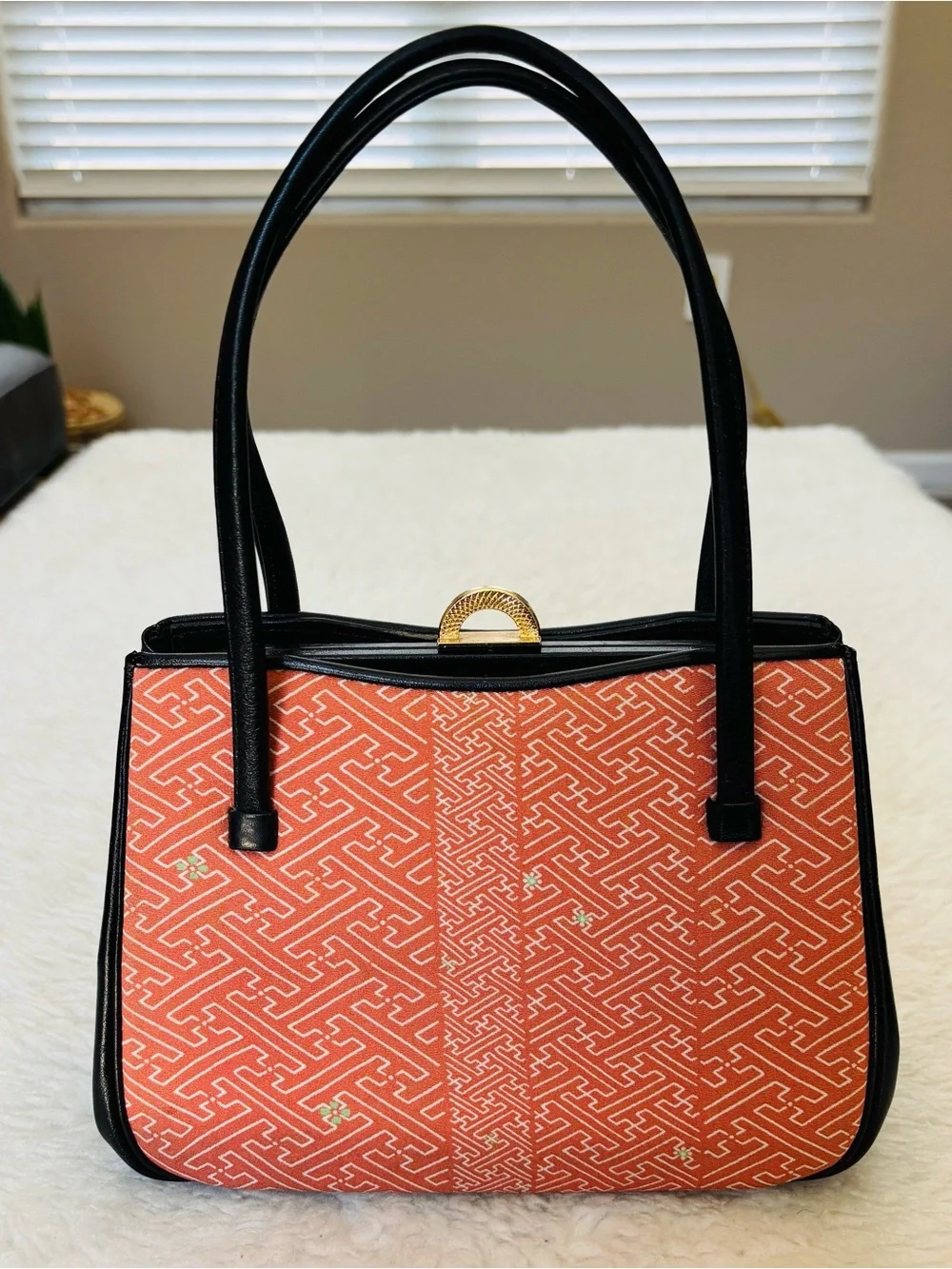 Kimono Japanese black leather  Orange Fabric Small Handbag/Satchels Bag